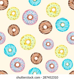 Watercolor seamless pattern with doughnuts. Template for your design, vector illustration.
