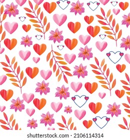 Watercolor seamless pattern with elements for Valentine's Day on a white background.Hearts, sweets, balls, gifts and other cute items.