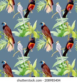 Watercolor seamless pattern with exotic birds sitting on branches on blue background vector illustration