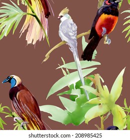 Watercolor seamless pattern with exotic birds sitting on branches on brown background vector illustration