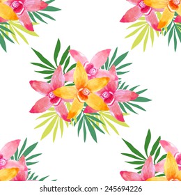 Watercolor seamless pattern of exotic flowers.Bright colors watercolor botanical elements