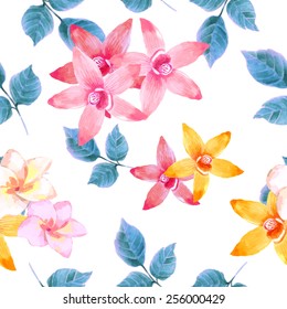 Watercolor seamless pattern of exotic flowers.Bright colors watercolor botanical elements