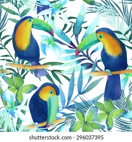 Watercolor seamless pattern of exotic flowers.Toucans  and palm leaves