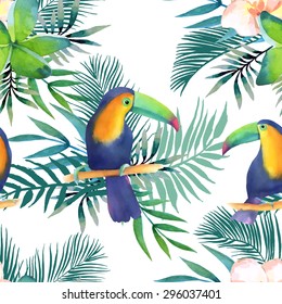 Watercolor seamless pattern of exotic flowers.Toucans  and palm leaves