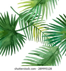Watercolor seamless pattern with  exotic leaves on white background, vector illustration.