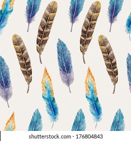 Watercolor seamless pattern with feathers. Vector illustration