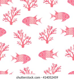 Watercolor seamless pattern with fish and corals. Pink vector background. Underwater world, coral reef. 