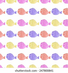 Watercolor seamless pattern with fish on the white background, aquarelle. Vector illustration. Hand-drawn decorative element useful for invitations, scrapbooking, design. 