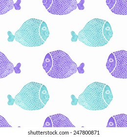 Watercolor seamless pattern with fish on the white background, aquarelle. Vector illustration. Hand-drawn decorative element useful for invitations, scrapbooking, design. 