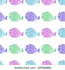 Watercolor seamless pattern with fish on the white background, aquarelle. Vector illustration. Hand-drawn decorative element useful for invitations, scrapbooking, design.