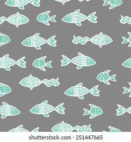 watercolor seamless pattern with fish and with white stroke