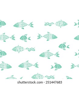 watercolor seamless pattern with fish and with white stroke