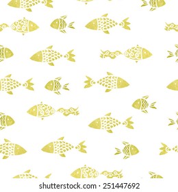 watercolor seamless pattern with fish and with white stroke