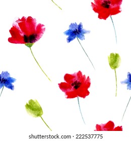 Watercolor seamless pattern with flowers.