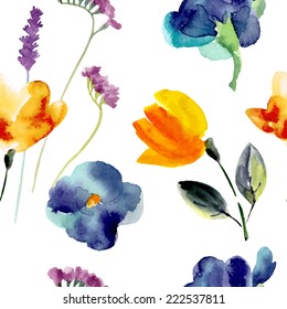 Watercolor seamless pattern with flowers.