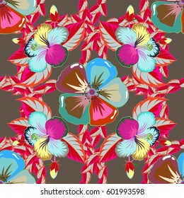 Watercolor seamless pattern with flowers. Beautiful pattern for decoration and design. Trendy print in blue, pink and brown colors. Exquisite pattern, watercolor sketch with flowers, vintage style.