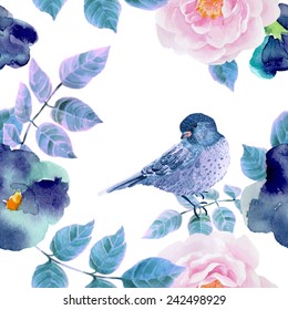 Watercolor seamless pattern with flowers and  birds. Vector illustration 