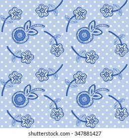 Watercolor seamless pattern with flowers. Blue background
