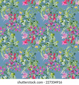 Watercolor seamless pattern with flowers and leaves on blue background vector illustration