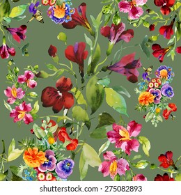 Watercolor seamless pattern with flowers and leaves on green background vector illustration