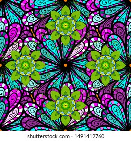 Watercolor seamless pattern. Flowers on black, green and blue colors in watercolor style. Floral print.
