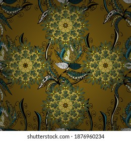 Watercolor seamless pattern. Flowers on brown, black and green colors in watercolor style. Floral print.