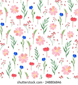 Watercolor seamless pattern with flowers and plants. Floral ornament. Vector illustration.