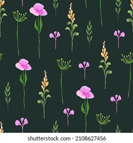 Watercolor seamless pattern with flowers for printing on fabric. Bright little flowers on a dark background.