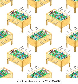 Watercolor seamless pattern with foosball tables on the white background, aquarelle. Vector illustration. Hand-drawn decorative element useful for invitations, scrapbooking, design.