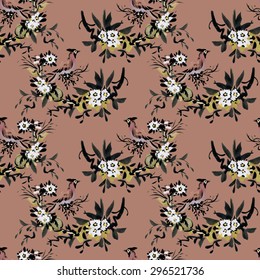 Watercolor Seamless pattern with forest birds and flowers on brown background vector illustration