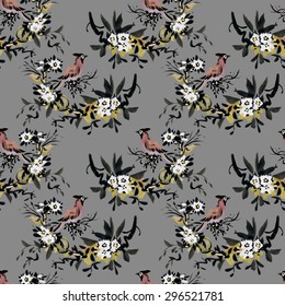 Watercolor Seamless pattern with forest birds and flowers on gray background vector illustration