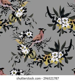 Watercolor Seamless pattern with forest birds and flowers on gray background vector illustration