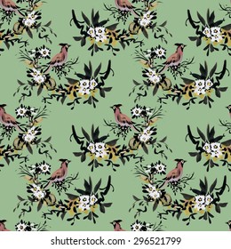 Watercolor Seamless pattern with forest birds and flowers on green background vector illustration