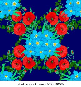 Watercolor seamless pattern with forget-me-not flowers. Trendy print on a blue background. Exquisite pattern with forget-me-not flowers in vintage style. Beautiful pattern for decoration and design.