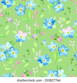 Watercolor seamless pattern with forget-me-not on green background.