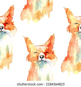 Watercolor seamless pattern with foxes on the white background, aquarelle. Vector illustration. Hand-drawn decorative element useful for invitations, scrapbooking, design. Native stylization