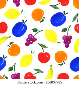 Watercolor seamless pattern with fruits on the white background. Hand drawn background. Vector illustration. 