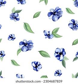 Watercolor seamless pattern of gentle blue flowers with green leaves on white background.
