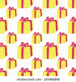 Watercolor seamless pattern with gift box on the white background, aquarelle. Vector illustration. Hand-drawn decorative element useful for invitations, scrapbooking, design. Birtday party