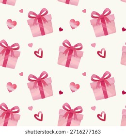 Patrón de acuarela sin fisuras con cajas de regalo y corazones. Fondo del día de San Valentín. Patrón romántico