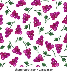 Watercolor seamless pattern with grapes on the white background. Hand drawn background. Vector illustration. 