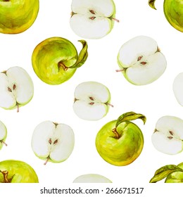 Watercolor seamless pattern with green apples. Hand drawn design. Vector summer fruit illustration.