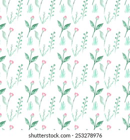 Watercolor seamless pattern with green herbs