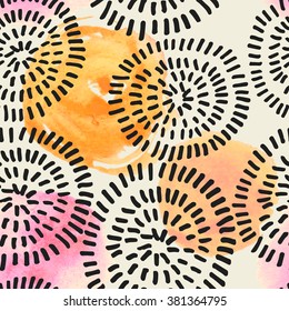 Watercolor seamless pattern with hand drawn ink element. Vector trendy illustration.