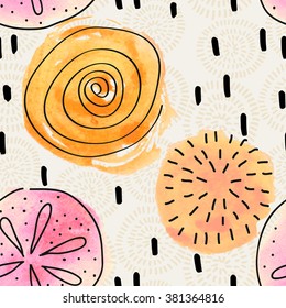 Watercolor seamless pattern with hand drawn ink element. Vector trendy illustration.