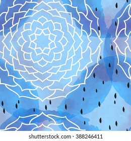 Watercolor seamless pattern with hand drawn element. Mandala background. Islam, Arabi?, Indian, ottoman motif.