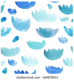 Watercolor seamless pattern. Hand drawn texture. Blue flowers on white background.