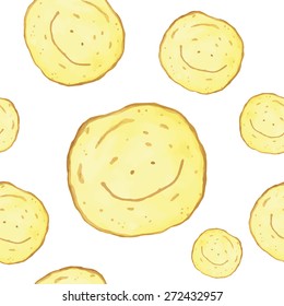 Watercolor seamless pattern with hand painted smiling pancakes