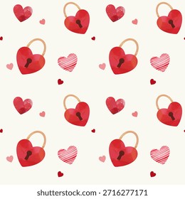 Patrón transparente de la acuarela con la cerradura del corazón. Fondo del día de San Valentín. Patrón romántico. 