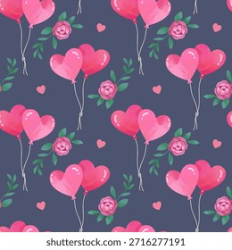 Patrón de acuarela sin fisuras con globos en forma de corazón y flores. Fondo del día de San Valentín.